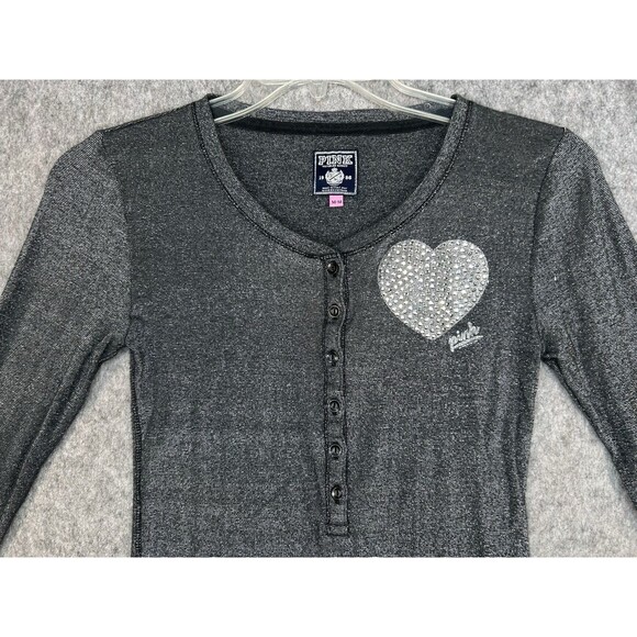 Victoria’s Secret PINK Black Metallic Henley Shirt with Rhinestone Bling Heart M - Picture 2 of 10